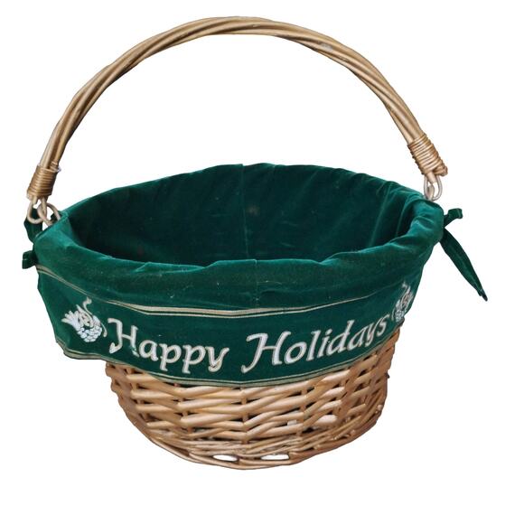 🎄Wicker Willow Basket 'Happy Holidays' 💛💚 Swivel Handle Christmas Gift Basket - Picture 3 of 15